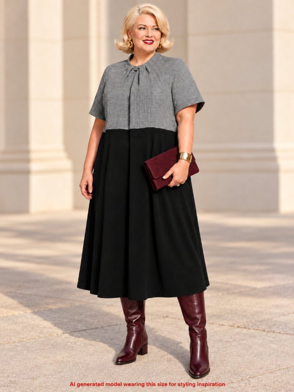 Dark Academia HOMEYEE 4X Herringbone Colorblock Midi Dress New